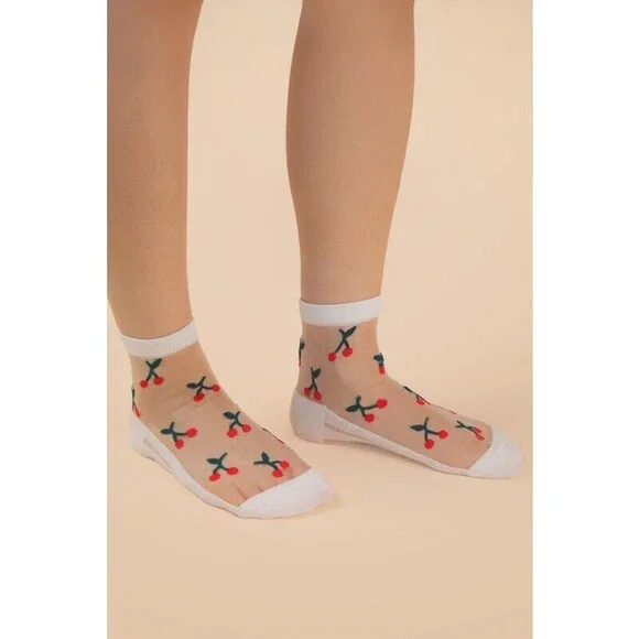 SC10033A-1 W Very J Cherry Embroidered Mesh Ankle Socks White One Size - Picture 2 of 4